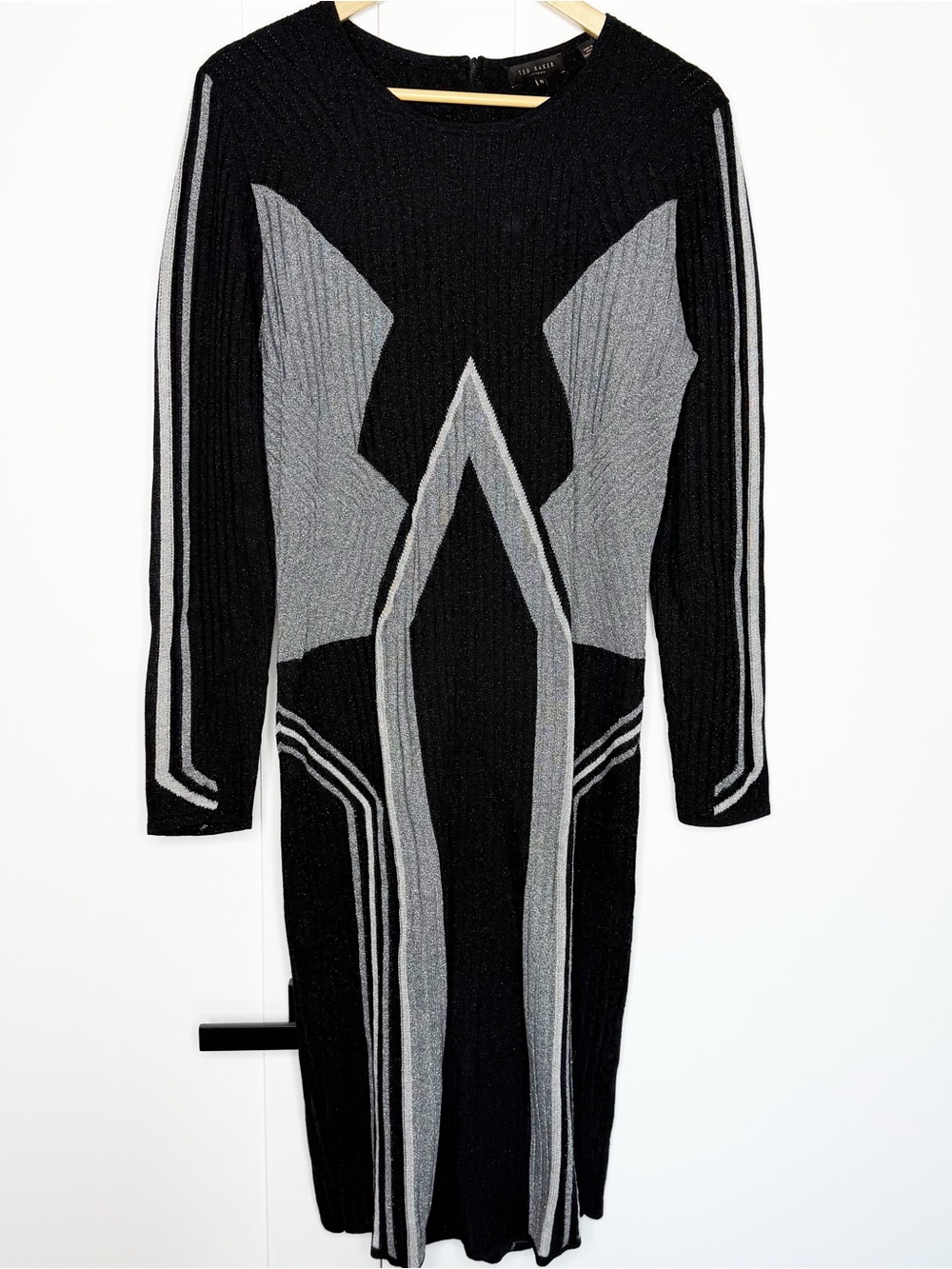 Ted Baker Hesiaa Bodycon Dress XL black silver long sleeve ribbed holiday career - Picture 7 of 16